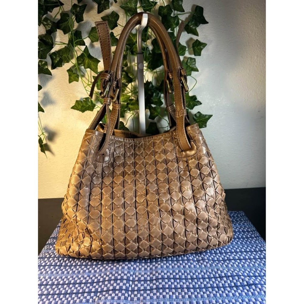 Valentina Italy Woven Leather Tote Handbag - Carmel Brown - Picture 2 of 8